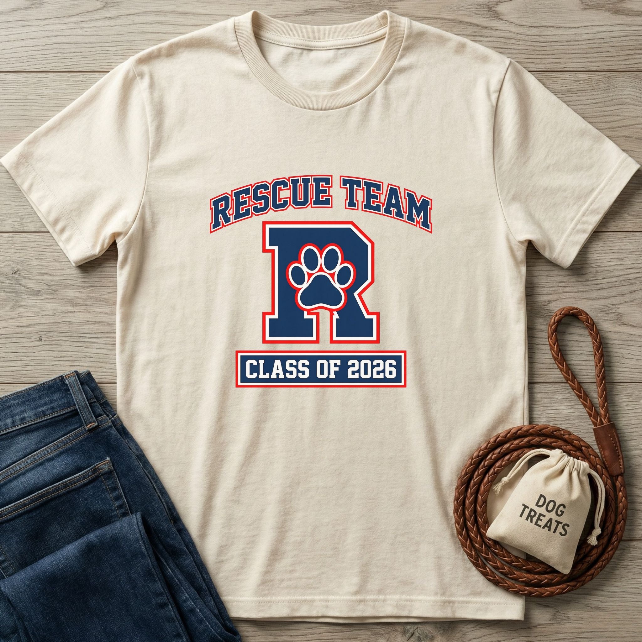 Cream Gildan Softstyle® "Rescue Team R Class of 2026" tee with dog paw print, next to jeans and dog treats.