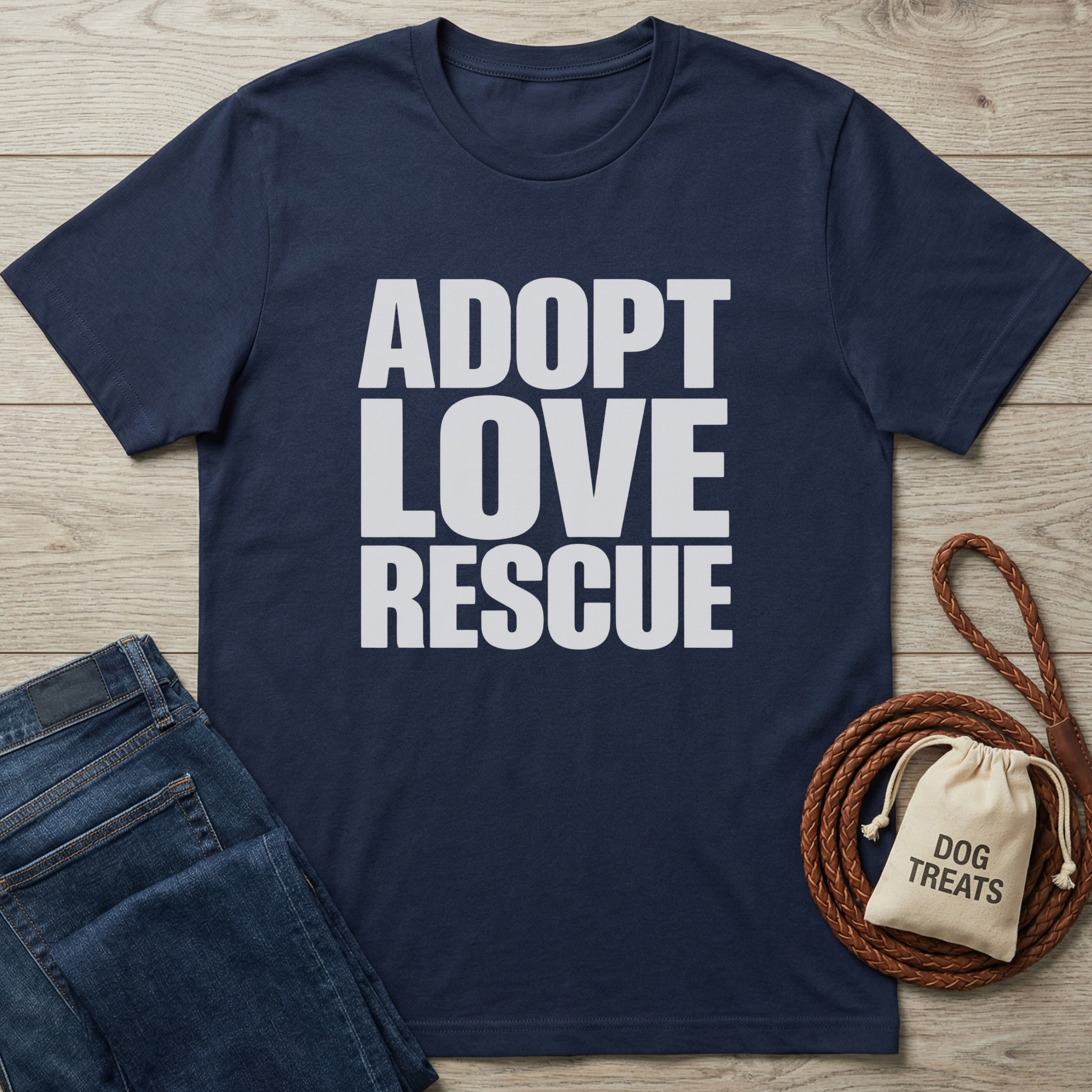 Navy blue cotton t-shirt with "ADOPT LOVE RESCUE" in white text, next to folded jeans and dog treats.
