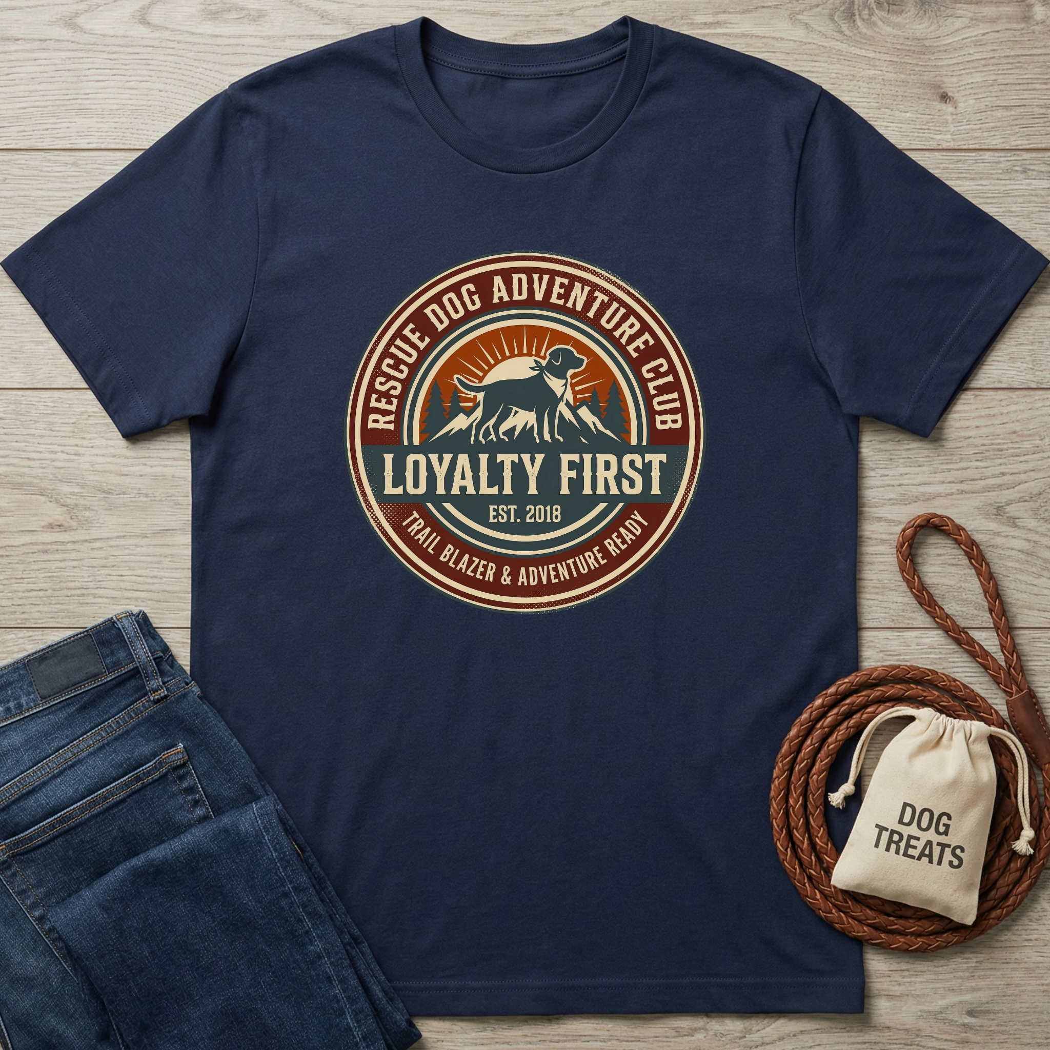 Navy blue cotton t-shirt with "Rescue Dog Adventure Club" logo, featuring a dog, mountains, and "Loyalty First.