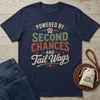Navy blue Gildan Softstyle® t-shirt with "Powered By Second Chances and Tail Wags" design.