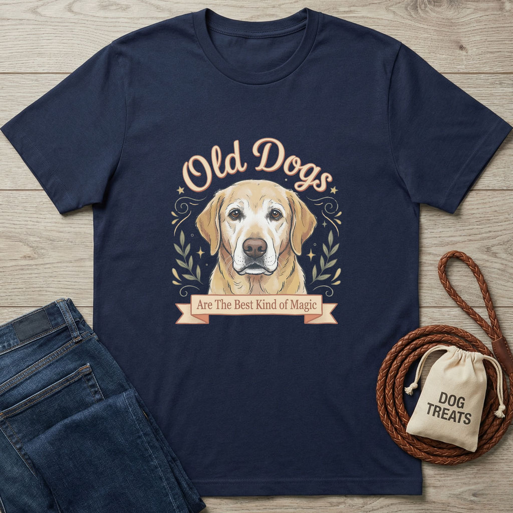 Navy Gildan Softstyle t-shirt with "Old Dogs Are The Best Kind of Magic" text and a yellow lab illustration.