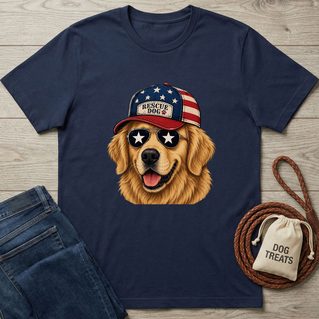 Navy blue t-shirt with a dog wearing an American flag cap design, paired with jeans and a dog treat bag on a wooden surface.