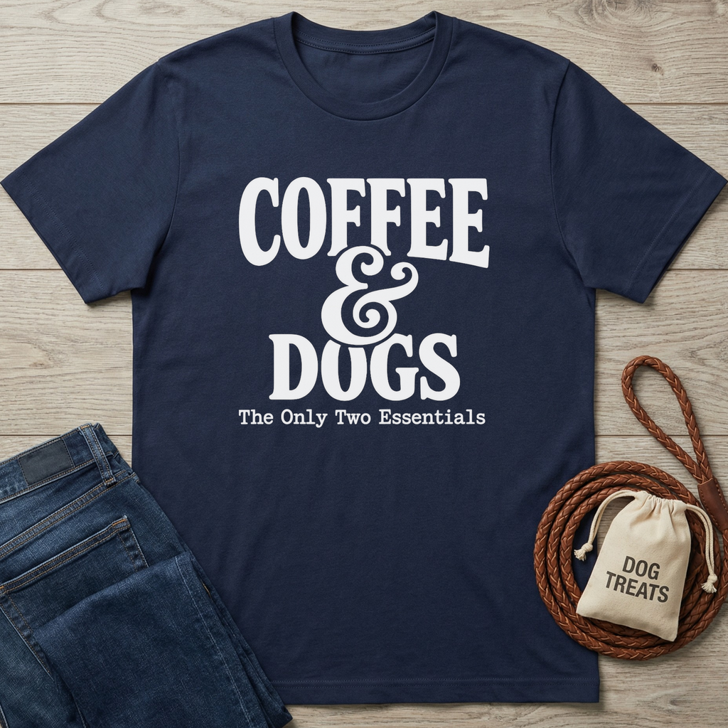 Navy blue cotton t-shirt with "Coffee & Dogs The Only Two Essentials" in white text, next to jeans and dog treats.