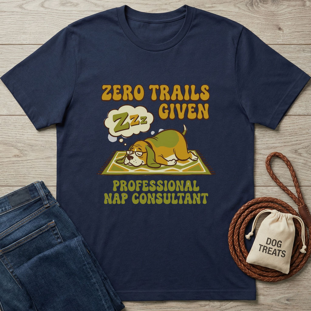 Navy blue Gildan Softstyle® t-shirt with "Zero Trails Given" and a sleeping dog graphic.