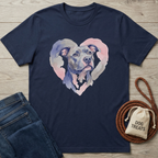 Navy blue Pitbull Heart T-shirt with a watercolor pitbull in a pink heart design.