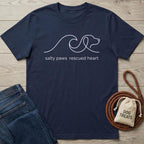 Navy blue cotton t-shirt with a white "salty paws rescued heart" wave and dog outline design.