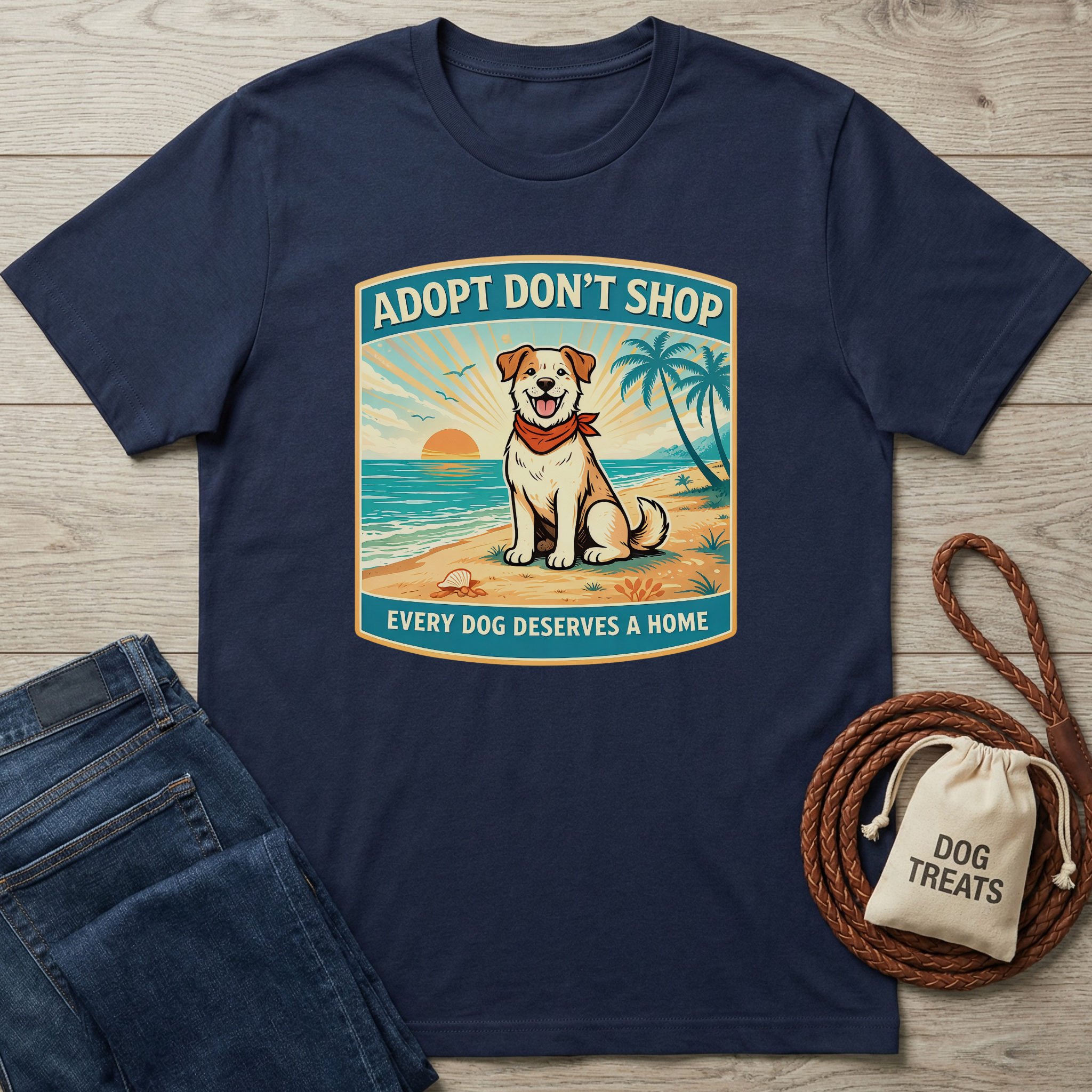 Navy blue cotton t-shirt with "Adopt Don't Shop" beach scene featuring a happy dog, sunset, and palm trees.
