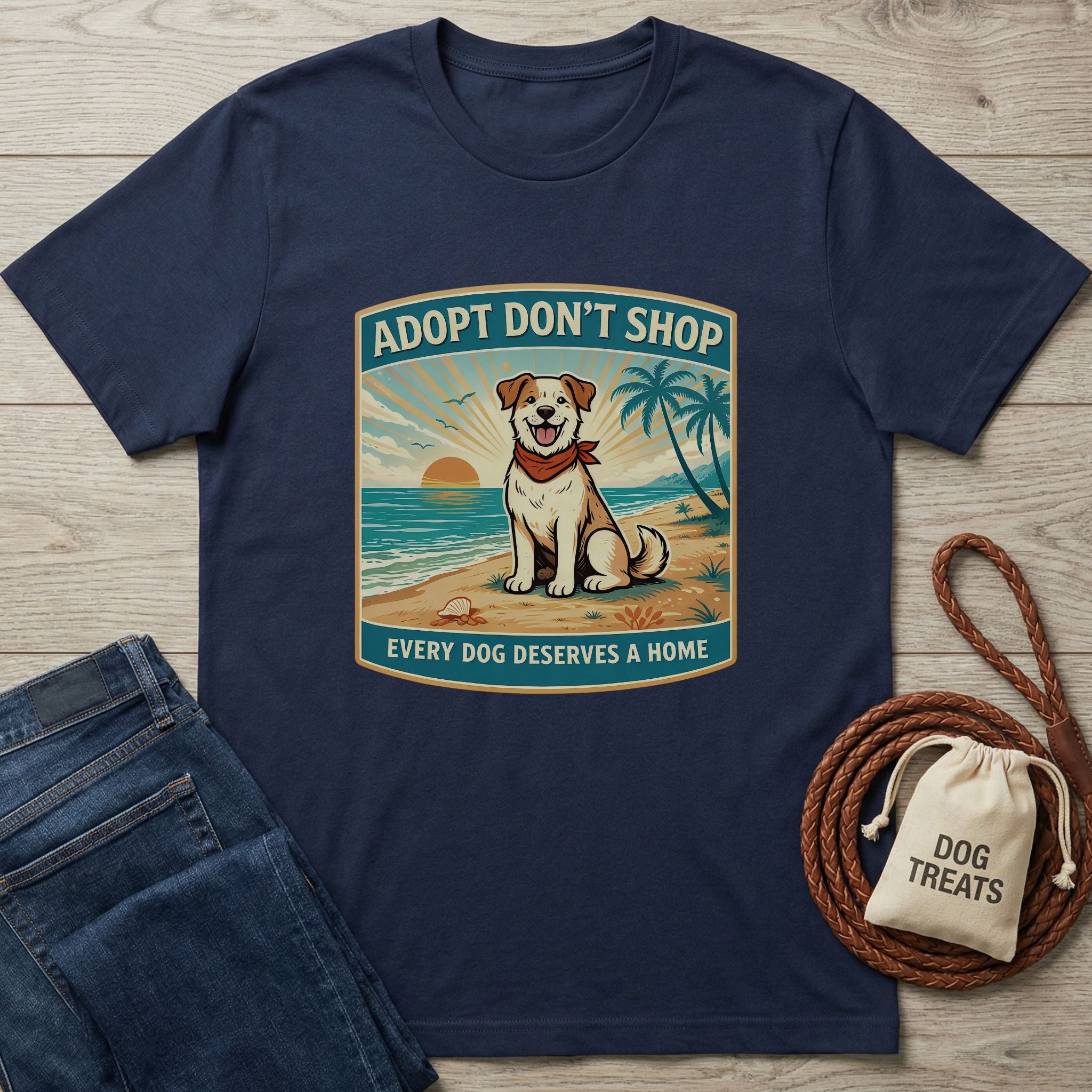 Navy blue Gildan Softstyle® t-shirt with "Adopt Don't Shop" beach dog graphic.