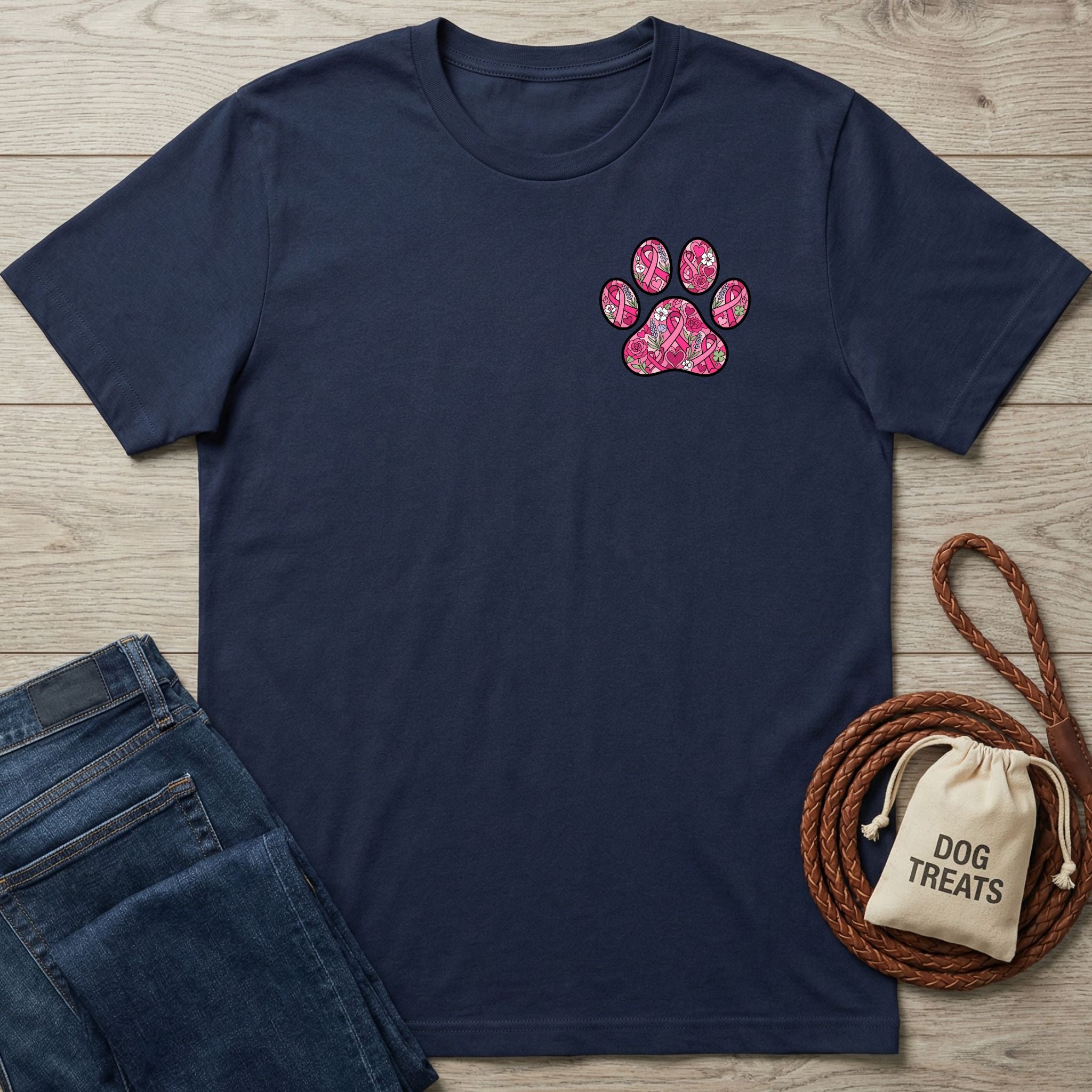 Navy blue Gildan Softstyle® 64000 t-shirt with a pink patterned paw print design on the left chest.