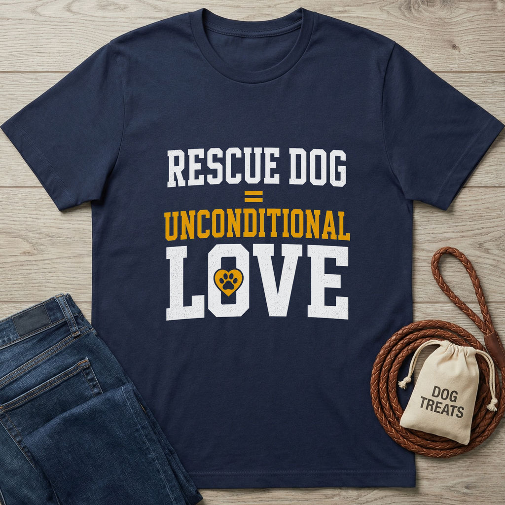 Navy blue Gildan Softstyle® t-shirt with "RESCUE DOG = UNCONDITIONAL LOVE" text and paw print.