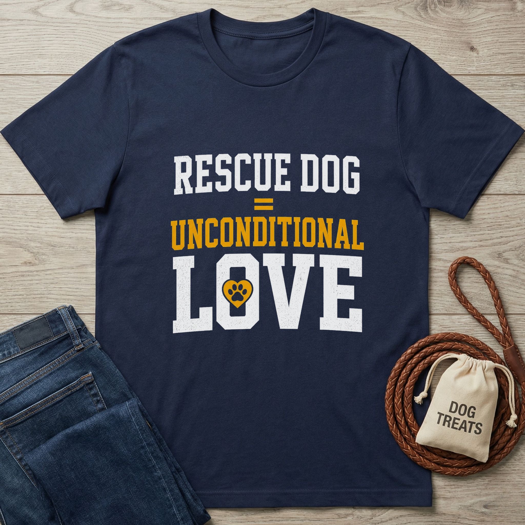 Navy blue Gildan Softstyle® t-shirt with "RESCUE DOG = UNCONDITIONAL LOVE" text and paw print.
