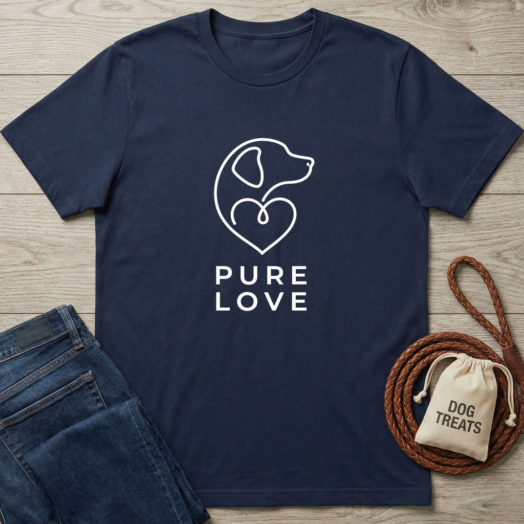 Navy blue Gildan Softstyle® 64000 t-shirt with a white "Pure Love" dog and heart graphic, next to jeans and dog treats.