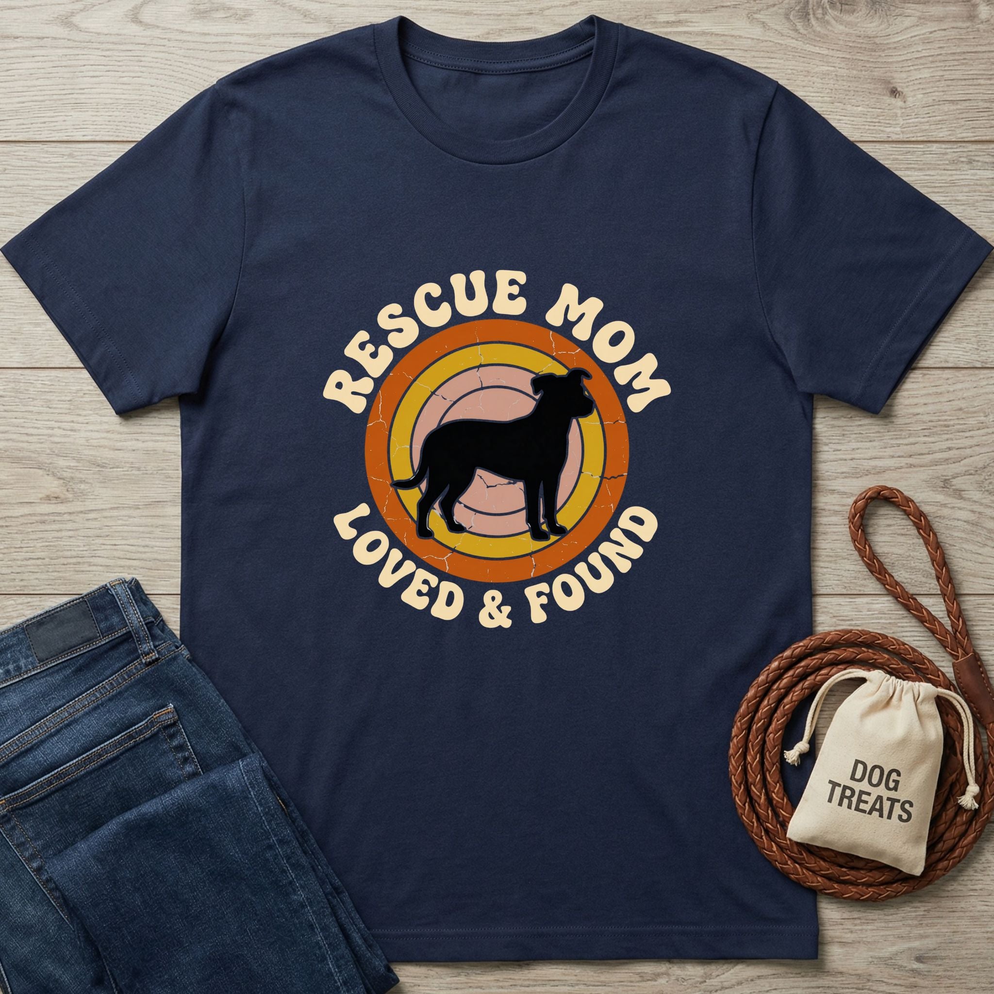 Navy Gildan Softstyle® t-shirt with "Rescue Mom Loved & Found" text and dog silhouette.