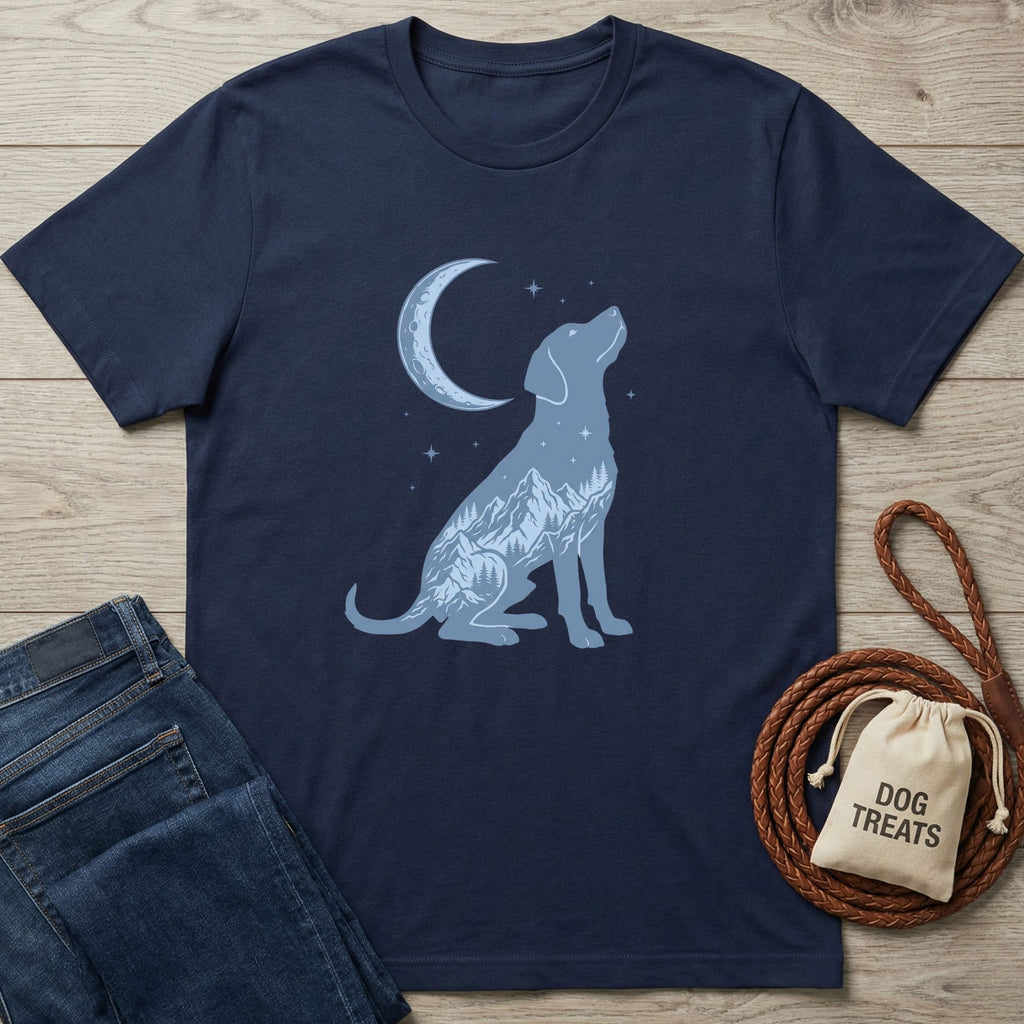 Navy Blue Moon T-shirt with a light blue dog silhouette filled with mountains and a crescent moon.