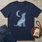 Navy Blue Moon T-shirt with a light blue dog silhouette filled with mountains and a crescent moon.