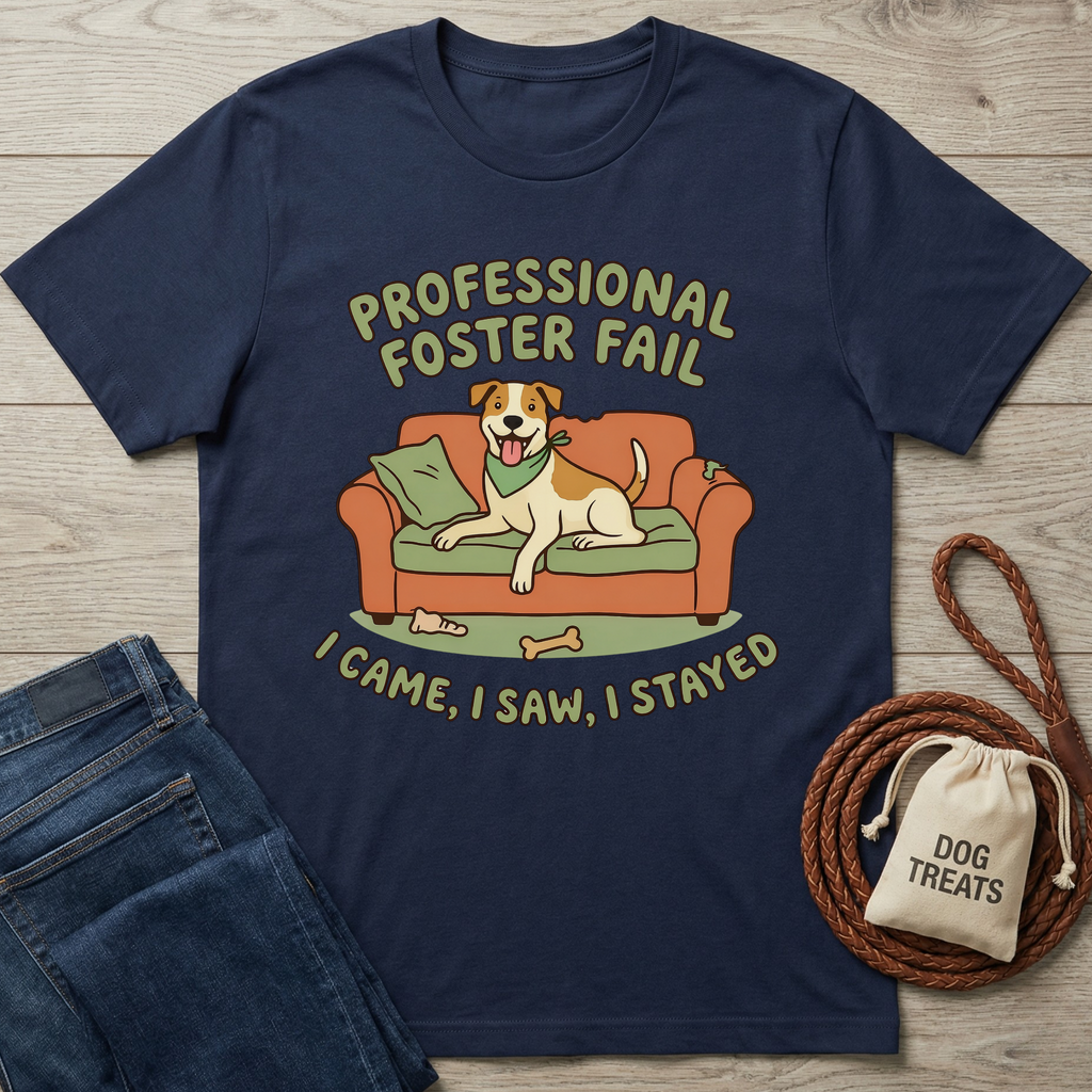 Navy blue cotton t-shirt with "Professional Foster Fail" text and a dog on a couch design.