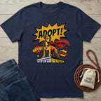 Navy blue Gildan Softstyle t-shirt with a comic-style "Adopt!" superhero dog graphic.
