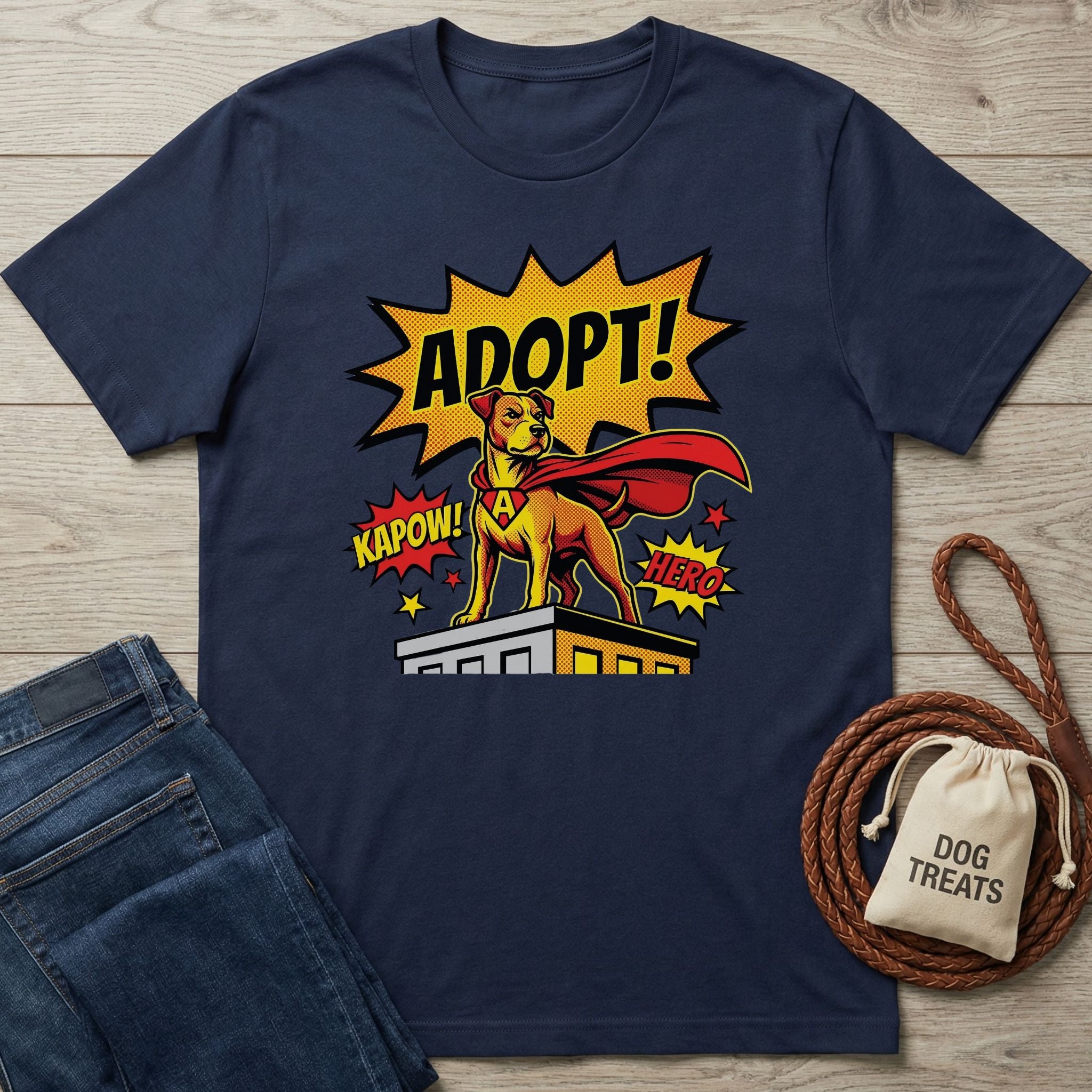 Navy blue Gildan Softstyle t-shirt with a comic-style "Adopt!" superhero dog graphic.