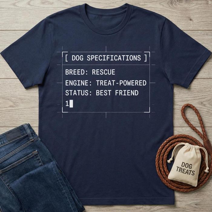 Navy blue cotton t-shirt with "Dog Specifications" text, paired with jeans and a treat bag.