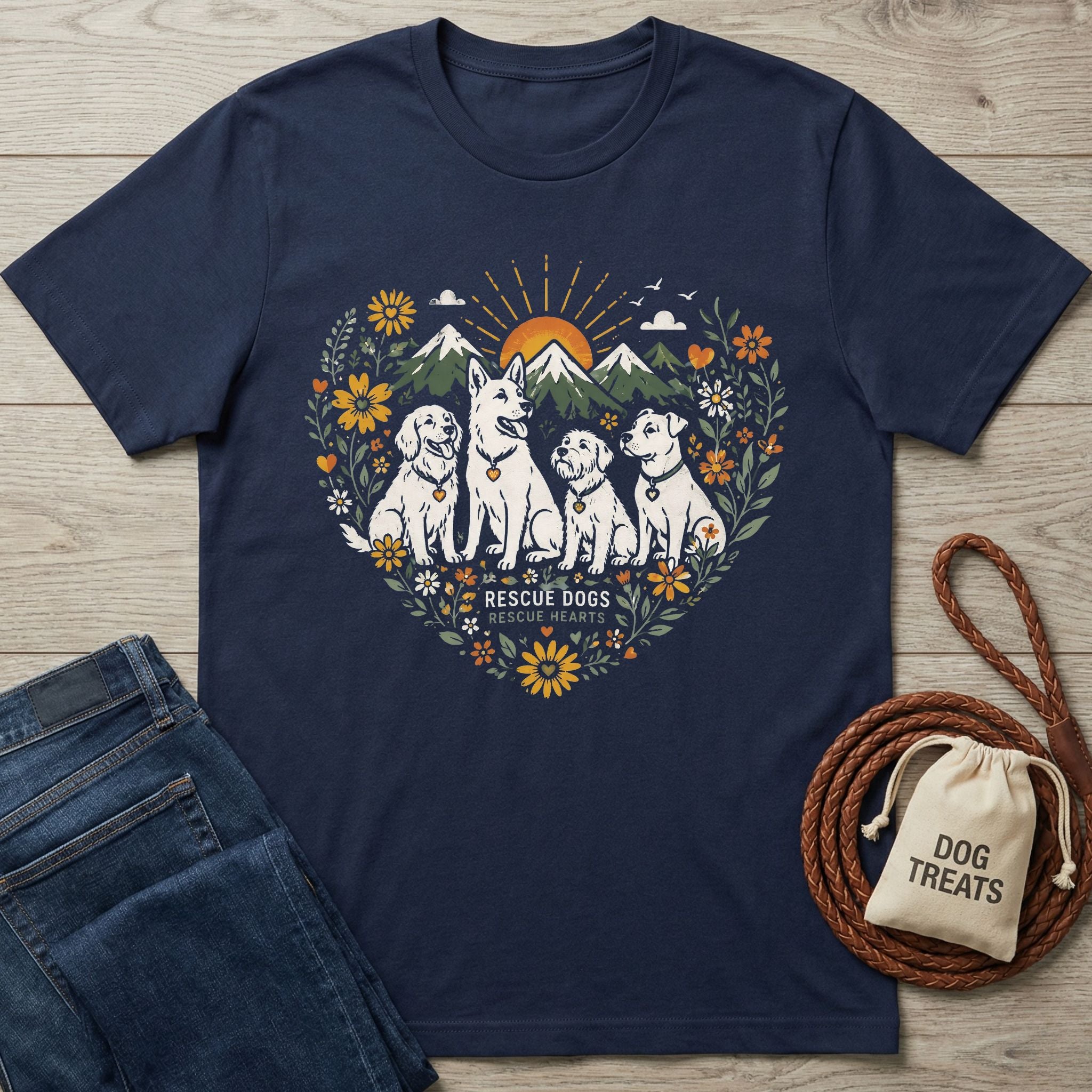 Navy blue Gildan Softstyle t-shirt with a heart-shaped graphic of four rescue dogs, mountains, and flowers.