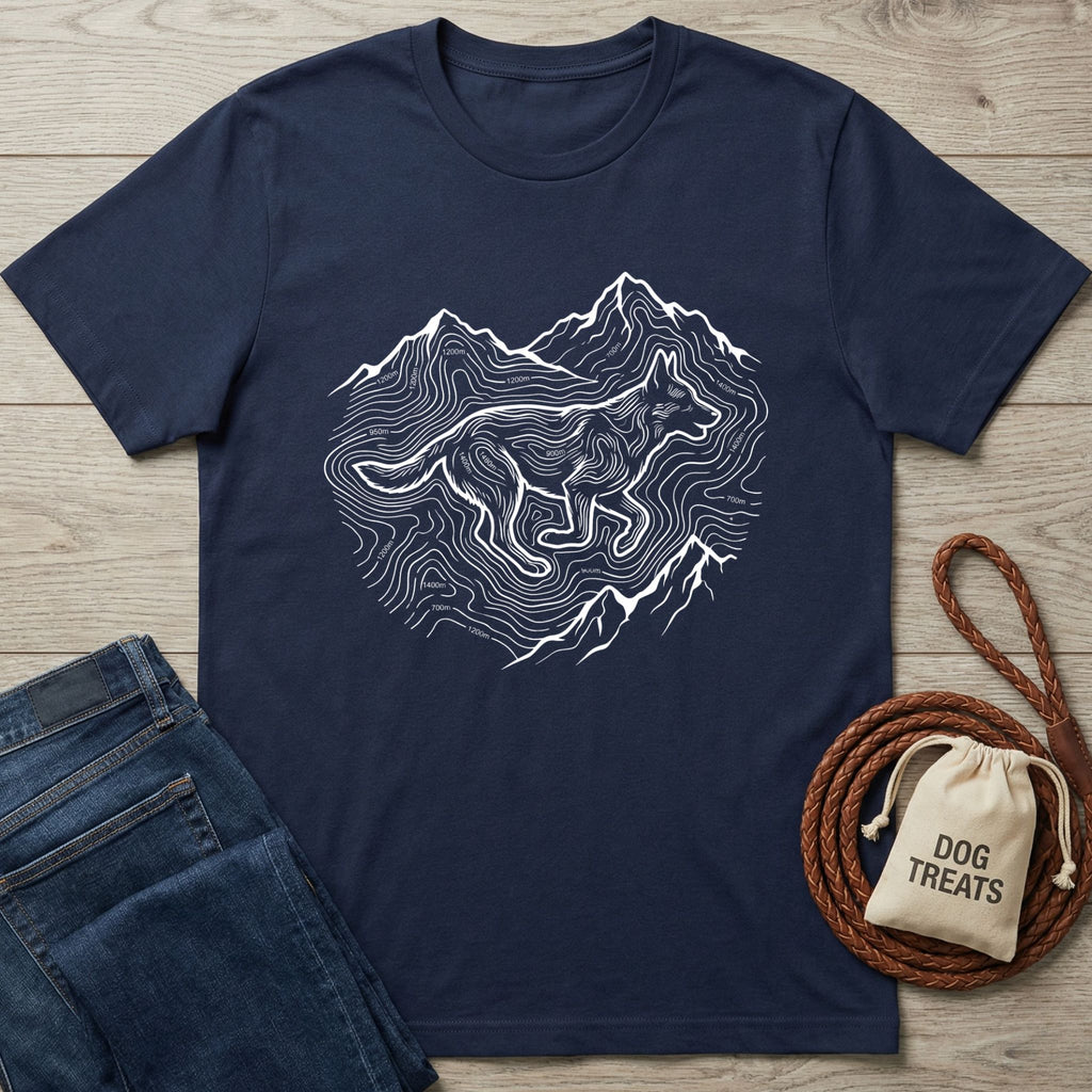 Navy blue Gildan Softstyle t-shirt with white mountain and running dog contour line graphic.