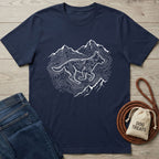 Navy blue Gildan Softstyle t-shirt with white mountain and running dog contour line graphic.