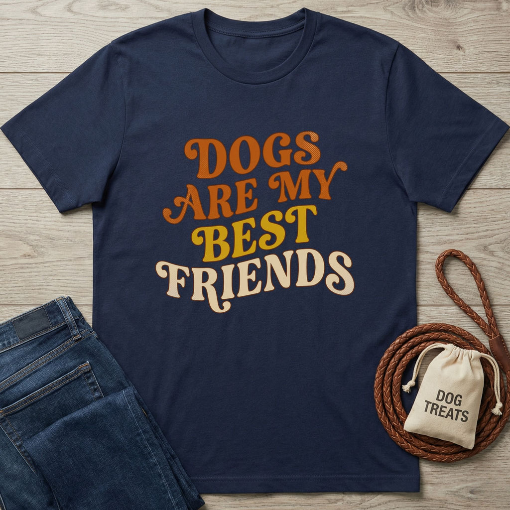 Navy blue Gildan Softstyle t-shirt with "Dogs Are My Best Friends" in orange, yellow, and cream text.