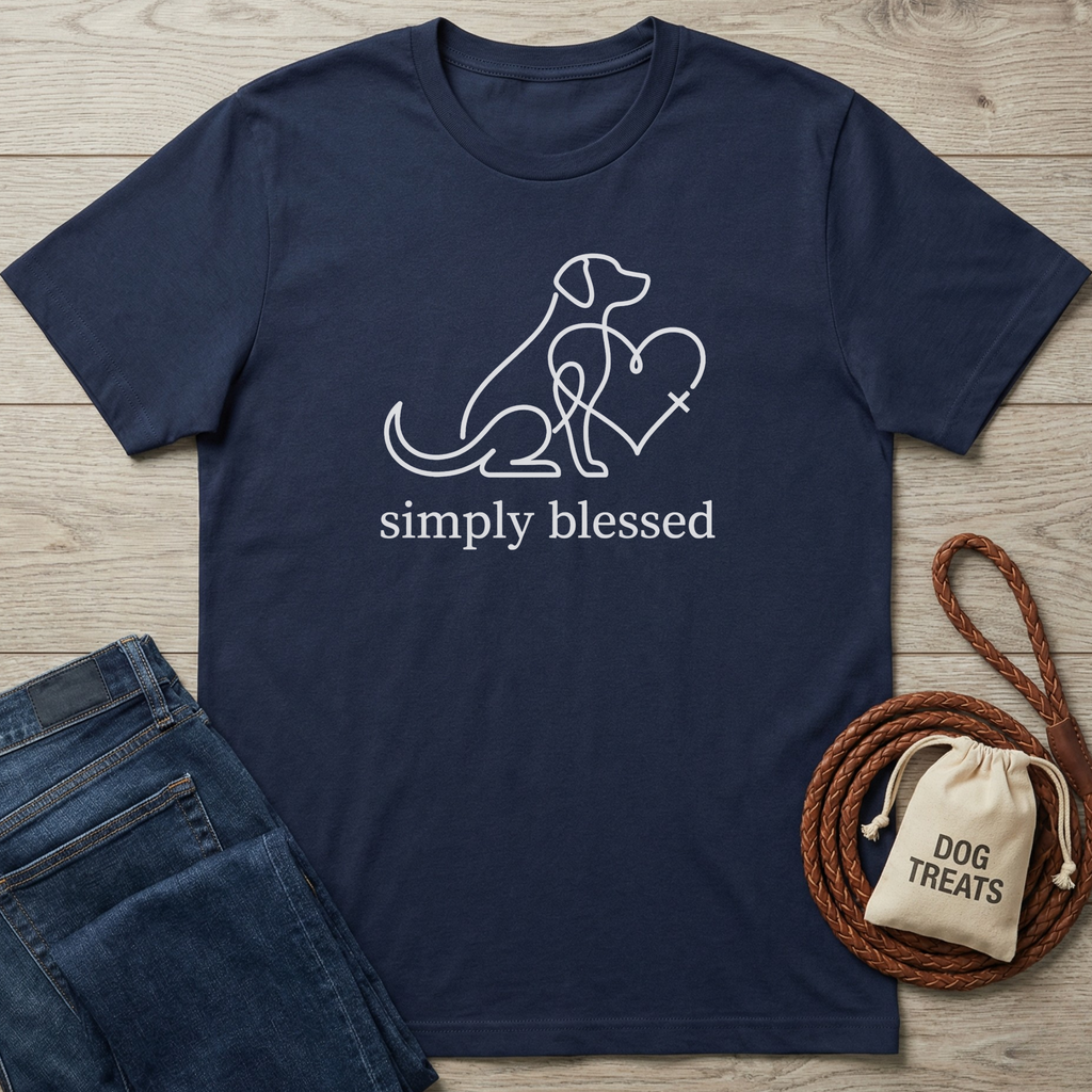 Navy blue "Simply Blessed" t-shirt with white line art of a dog and heart with a cross.
