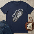 Navy Gildan Softstyle® t-shirt with "Leave No Dog Behind" and a hiking boot print featuring a person and dog.