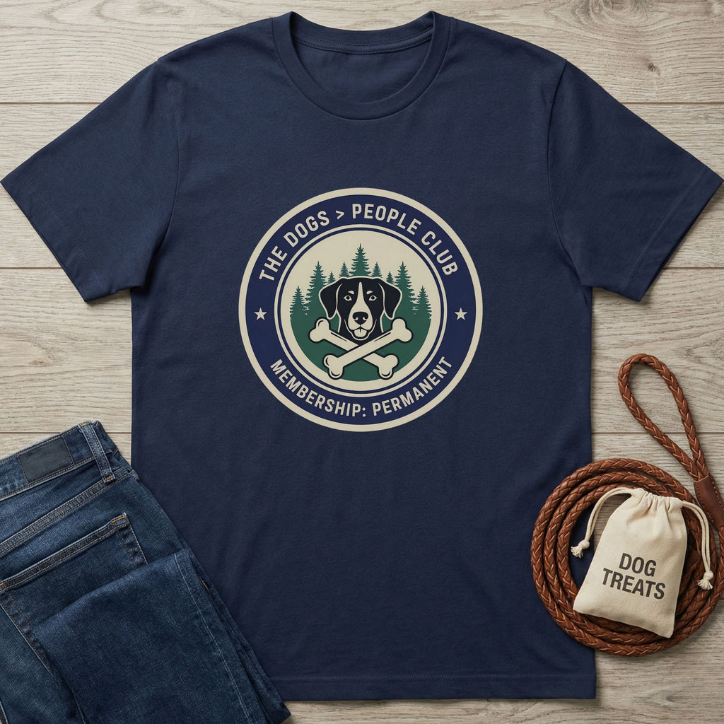 Navy blue Gildan Softstyle t-shirt with "The Dogs > People Club" logo, dog, bones, and trees.