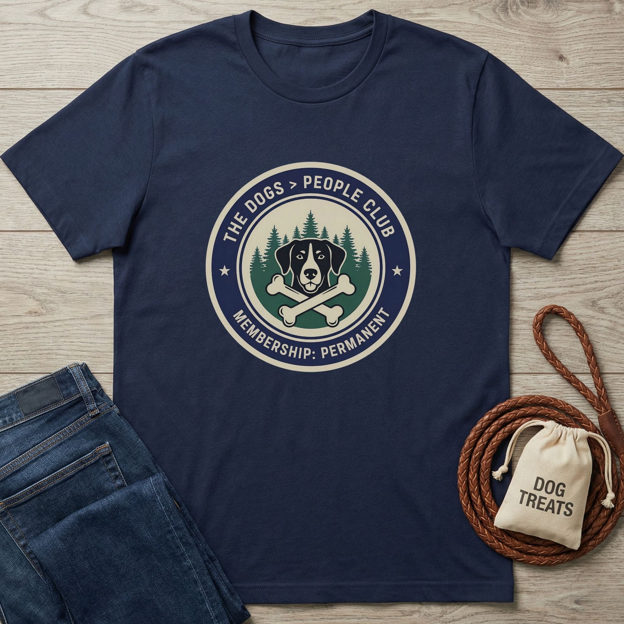 Navy blue Gildan Softstyle t-shirt with "The Dogs > People Club" logo, dog, bones, and trees.