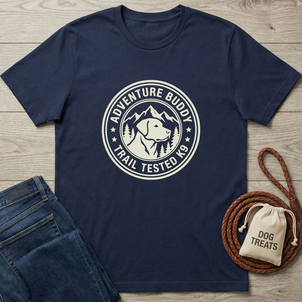 Navy Gildan Softstyle® t-shirt with "Adventure Buddy Trail Tested K9" dog graphic, jeans, and dog treats.