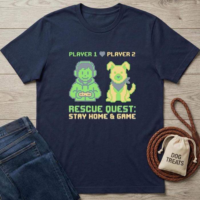 Navy blue cotton t-shirt with pixel art gamer and dog, "Rescue Quest: Stay Home & Game" text.