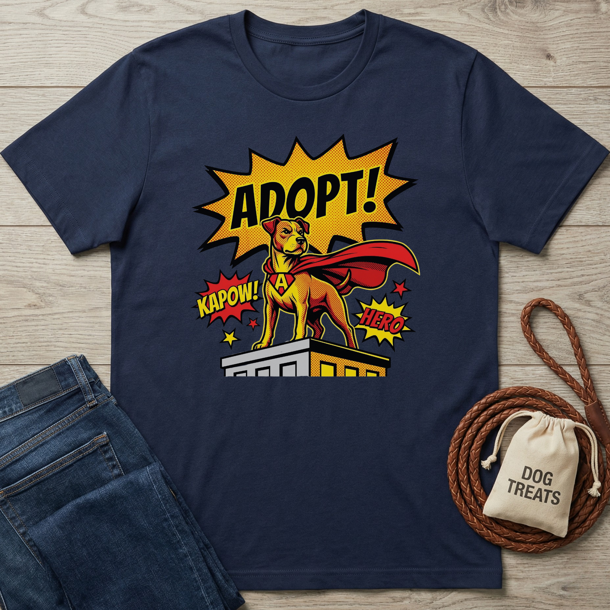 Navy blue cotton t-shirt with a comic-style "Adopt!" superhero dog design.