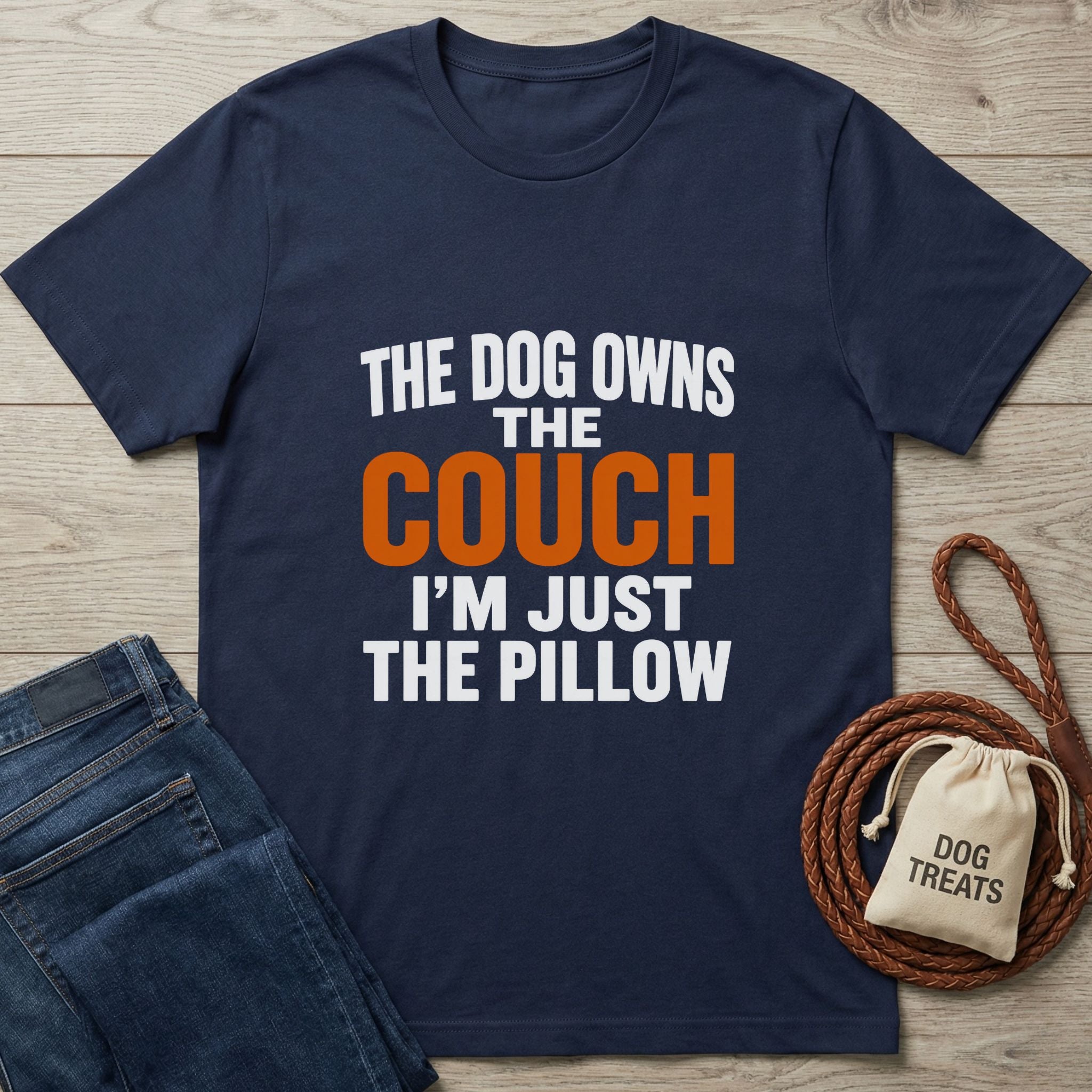 Navy blue Gildan Softstyle t-shirt with "The Dog Owns The Couch I'm Just The Pillow" text.
