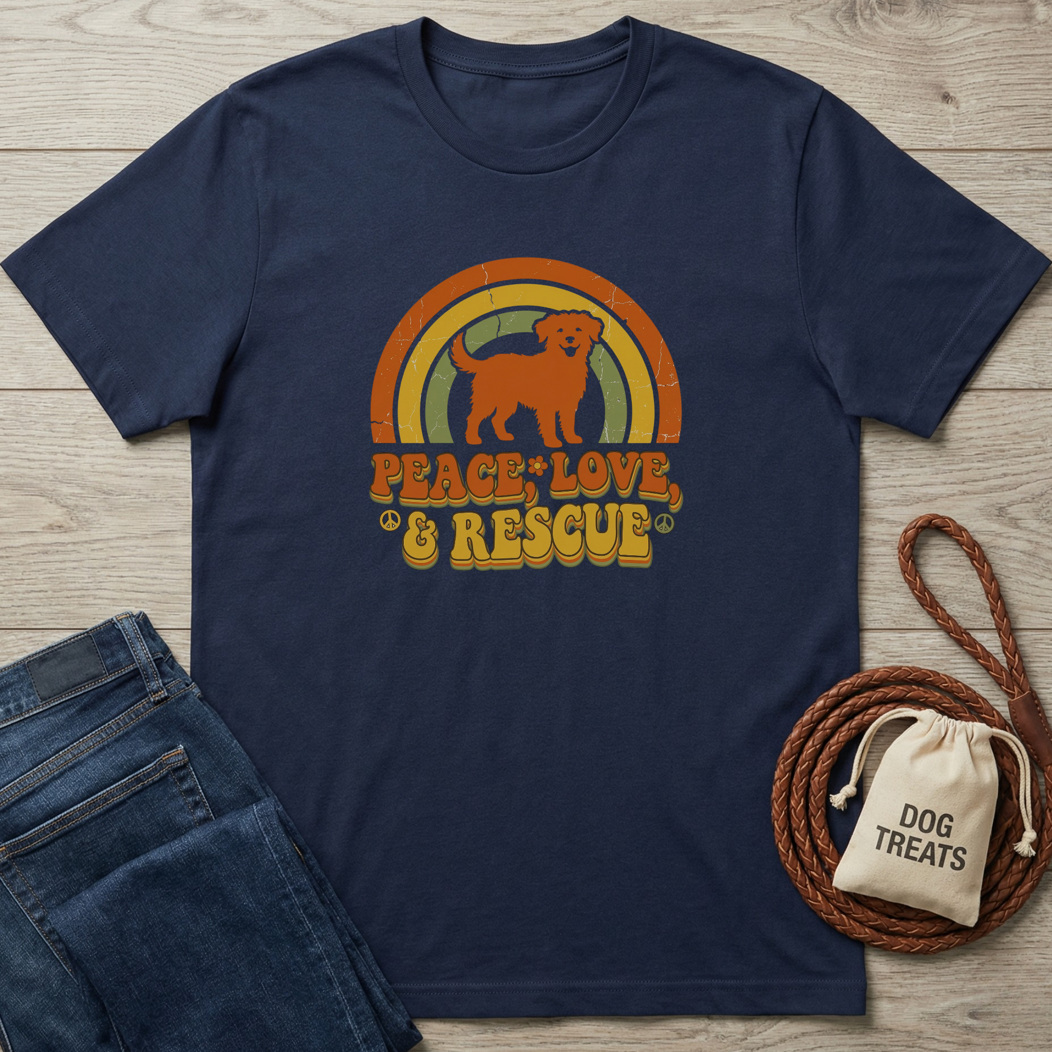 Navy blue t-shirt with a distressed retro rainbow, an orange dog silhouette, and "Peace Love & Rescue" text.