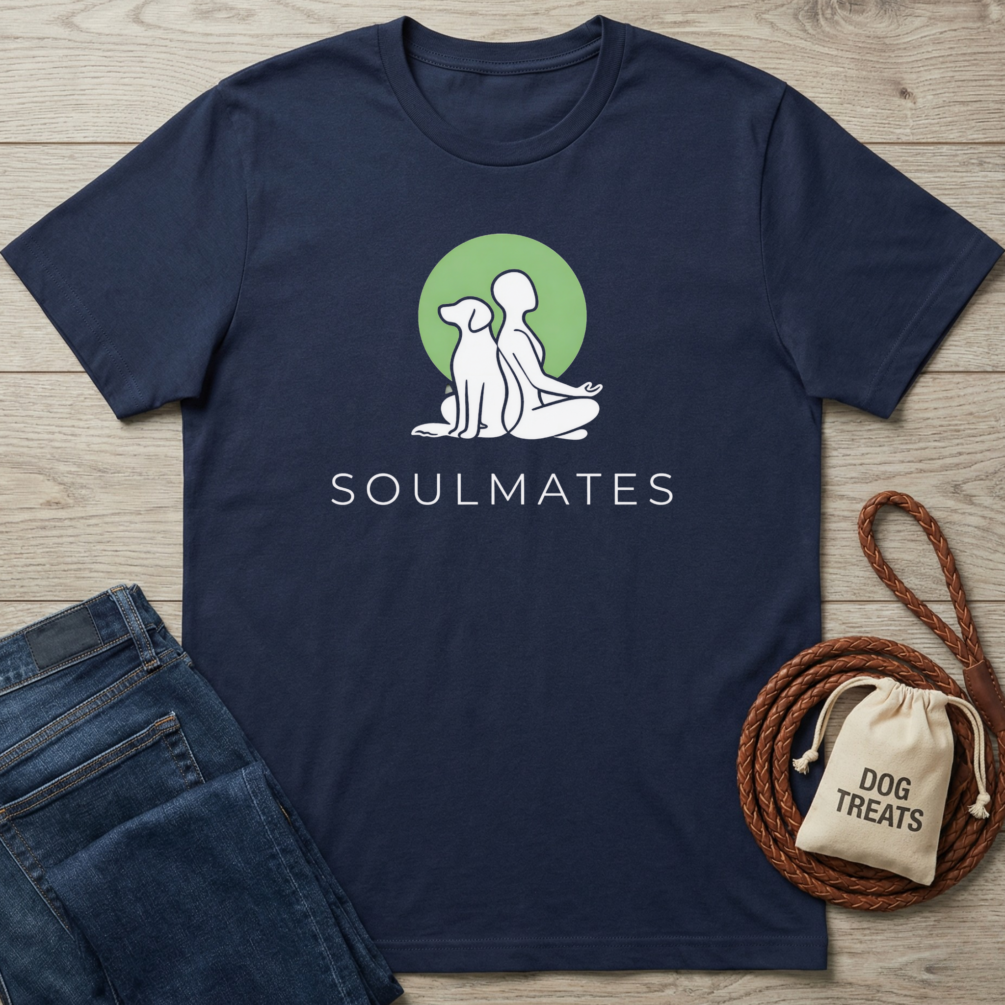 Navy blue t-shirt with 'Soulmates' design on a wooden surface with jeans and a dog treat bag.