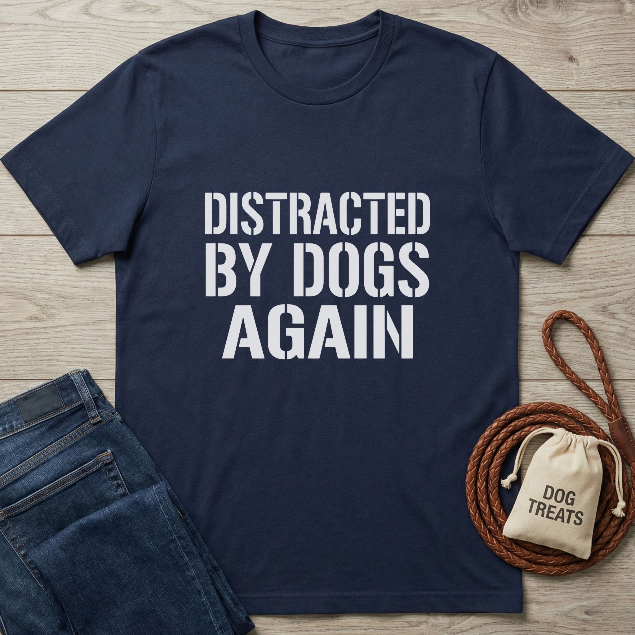 Navy blue Gildan Softstyle® t-shirt with "DISTRACTED BY DOGS AGAIN" in white text, next to jeans and dog treats.