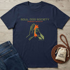 Navy blue Soul Unit T-shirt with "Soul Dog Society" text and a green and orange high-five graphic.
