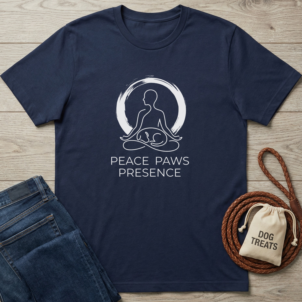 Navy blue cotton t-shirt with a white "Peace Paws Presence" graphic featuring a meditating person and dog.