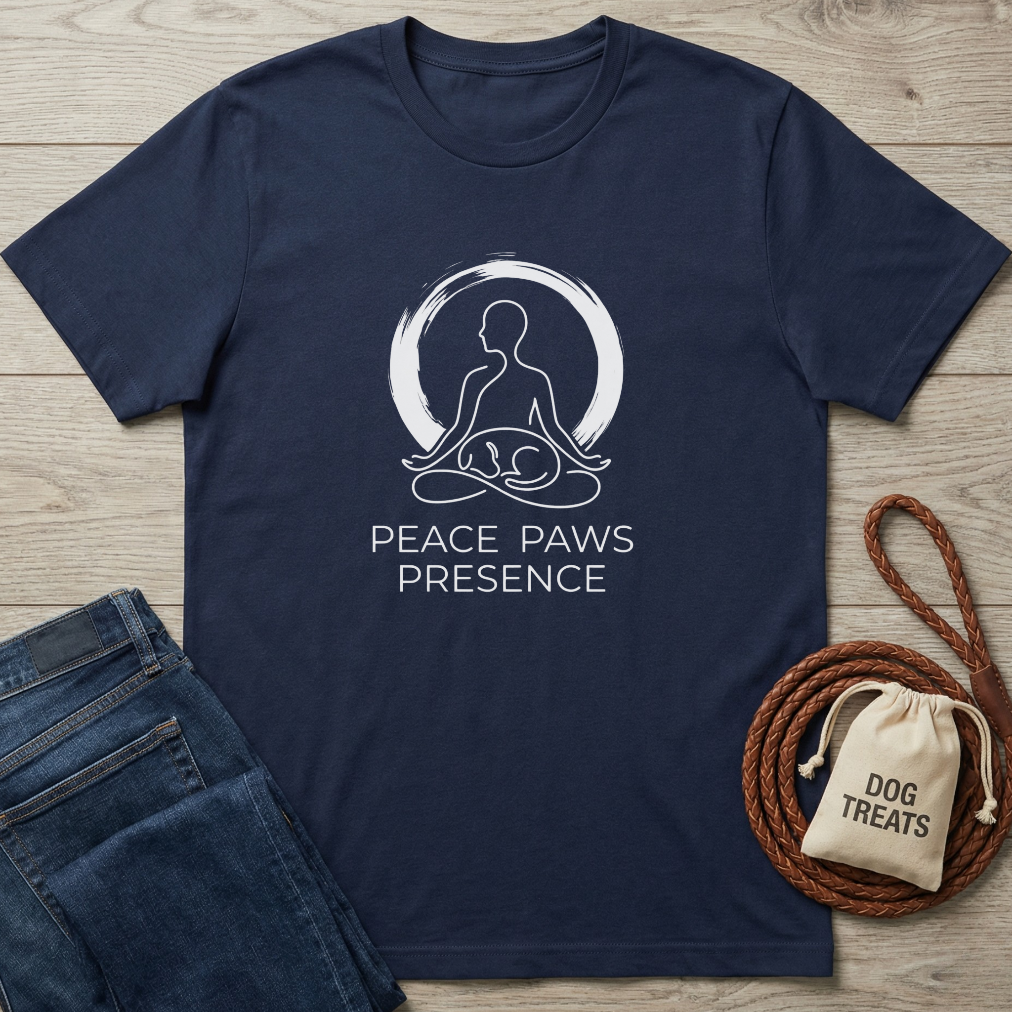 Navy blue cotton t-shirt with a white "Peace Paws Presence" graphic featuring a meditating person and dog.