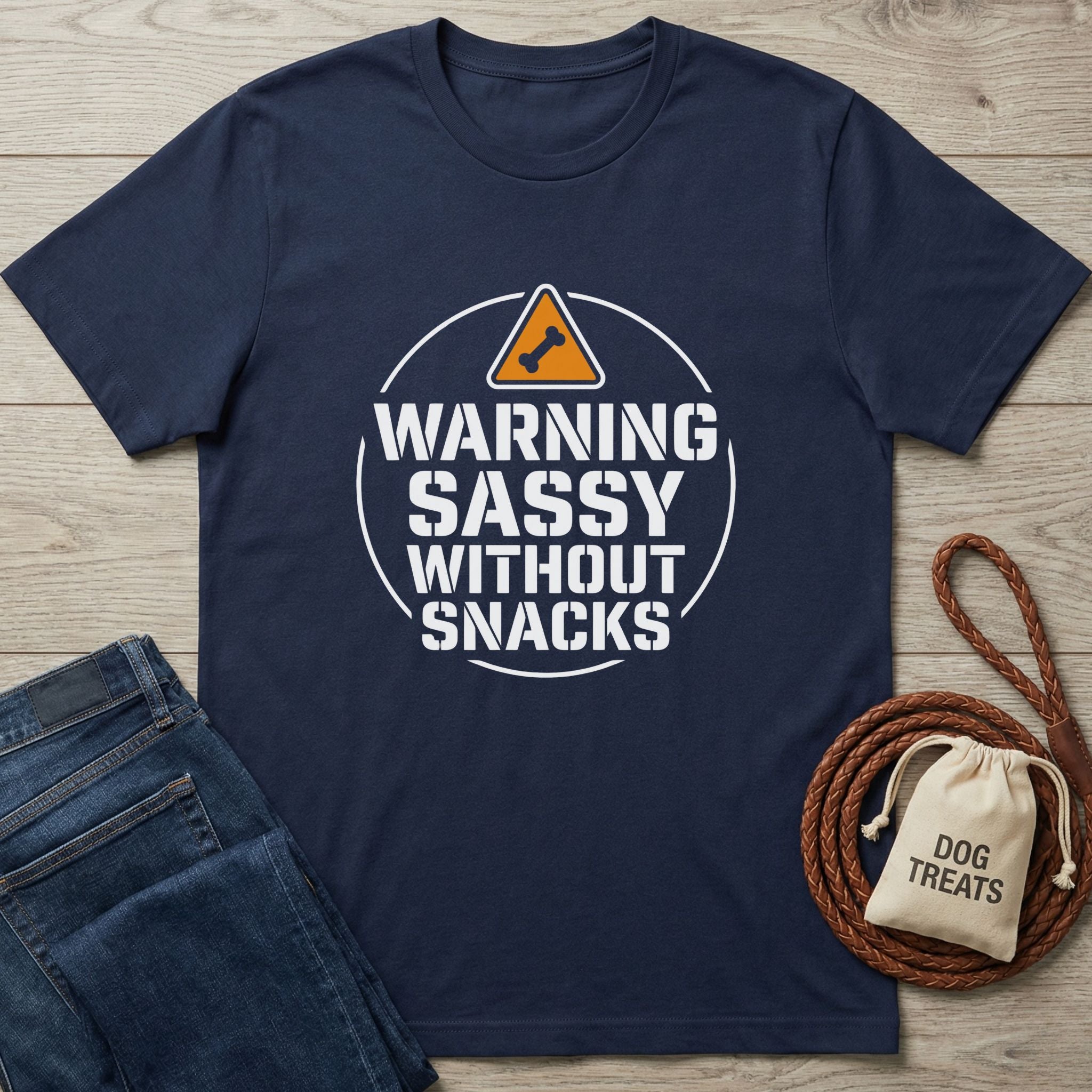 Navy blue Gildan Softstyle t-shirt with "WARNING SASSY WITHOUT SNACKS" graphic, next to jeans and a treat bag.