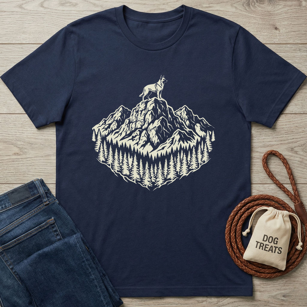 Navy cotton t-shirt with a cream graphic of a dog on a mountain peak surrounded by pine trees.