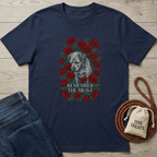 Navy cotton t-shirt with a grey dog surrounded by red poppies and "Remember The Brave" text.