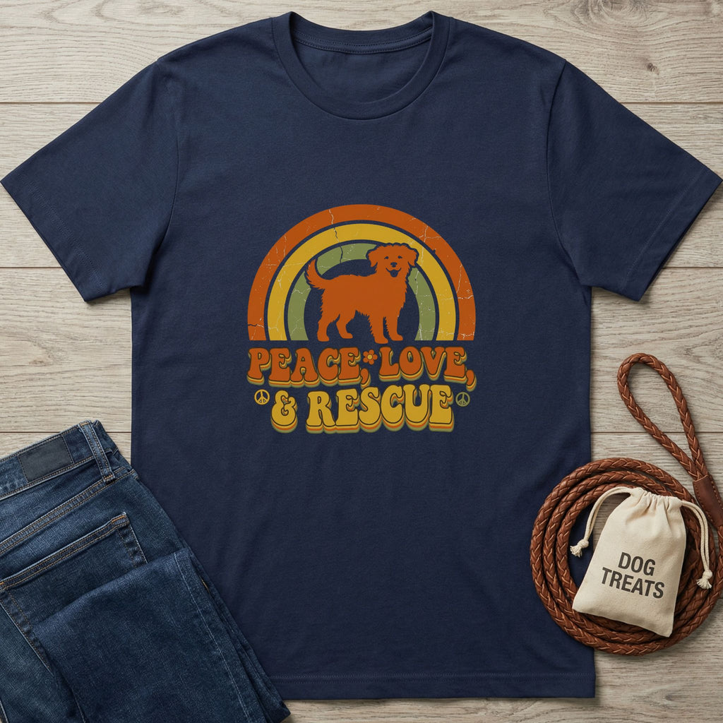 Navy blue Gildan Softstyle® t-shirt with a retro "Peace Love & Rescue" design featuring a golden retriever and rainbow.