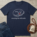 Navy cotton t-shirt with white line art of a sleeping dog and red heart, "rescuing the old souls" text.