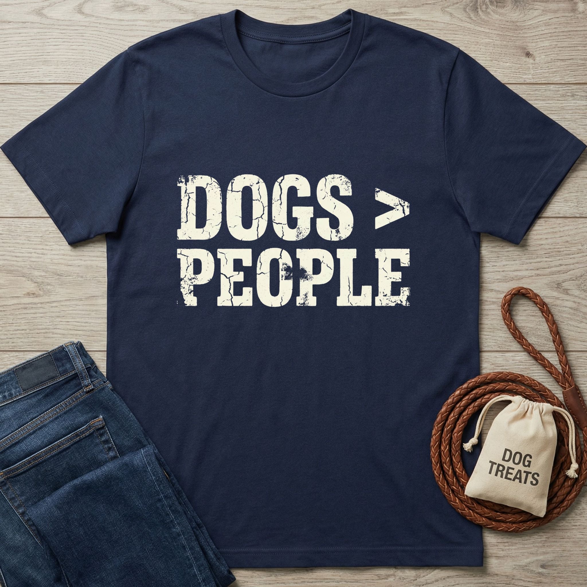 Navy blue Gildan Softstyle® 64000 t-shirt with "DOGS > PEOPLE" in distressed white text, next to jeans and dog treats.