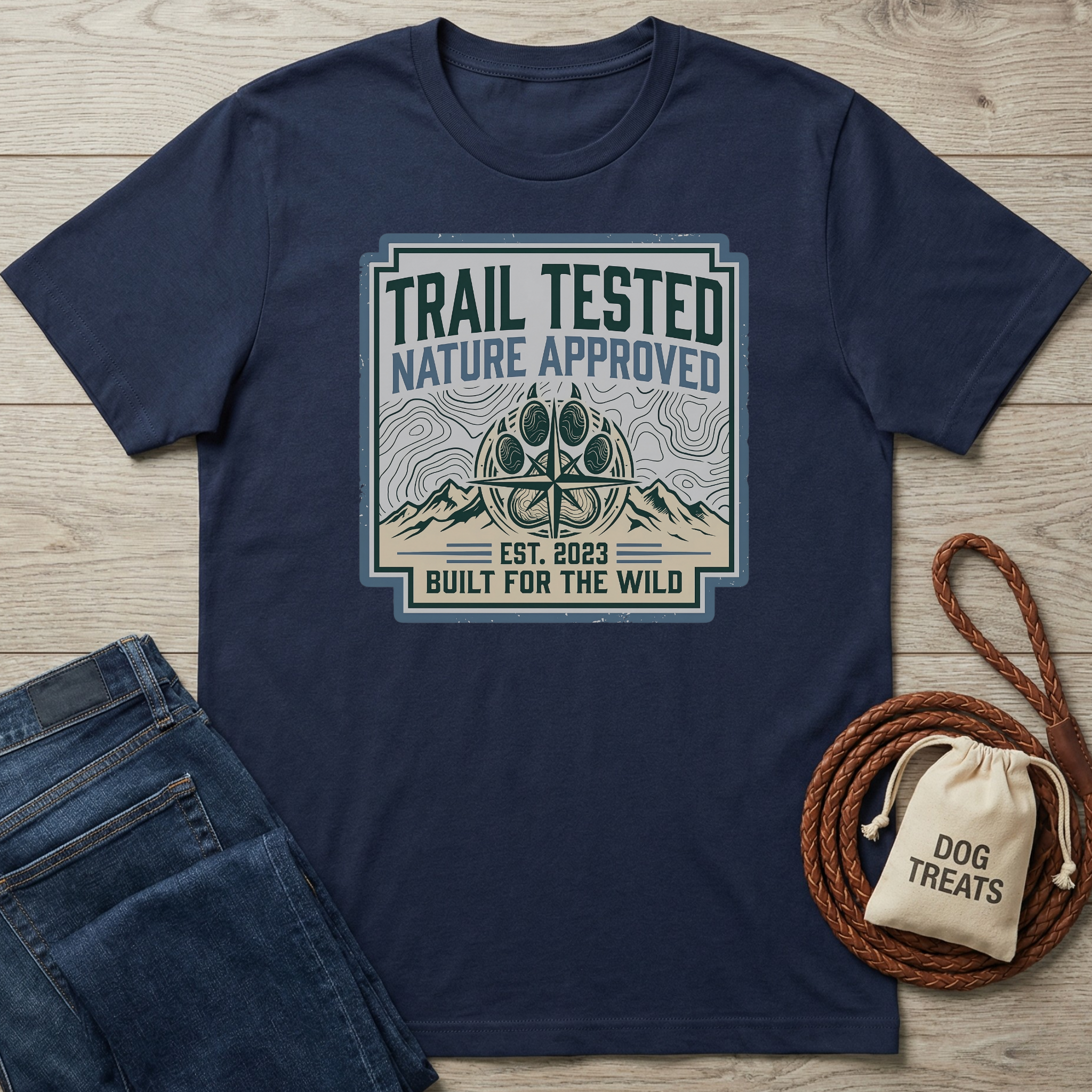Navy blue t-shirt with 'Trail Tested, Nature Approved' graphic on a wooden surface with jeans and a dog treat bag.