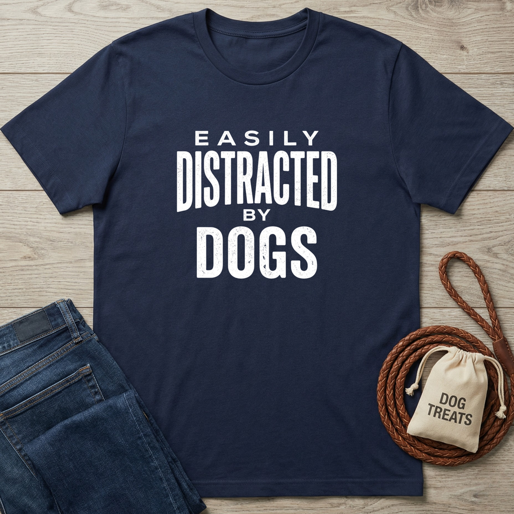 Navy blue Gildan Softstyle® t-shirt with "Easily Distracted By Dogs" in white text, next to jeans and dog accessories.