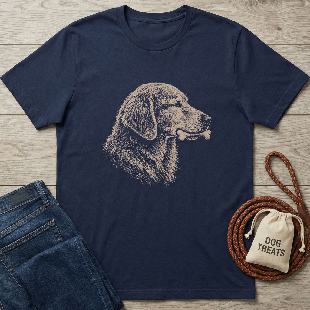 Navy t-shirt with a sketch-style graphic of a golden retriever holding a bone.